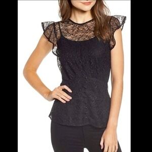 Chelsea28 Womens Lace Sheer Top Size S Black Flutter Sleeve‎ Whimsigoth Witchy